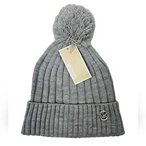 NWT Michael Kors Gray Ribbed Kit Beanie Hat with‎ Pom Pom One Size Women's O18